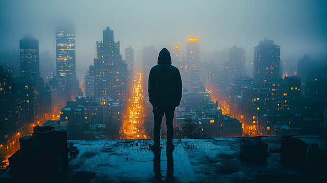 A man stands in a neon city in the rain at night with his back to the camera. Criminal at night, no face visible. generative AI, generative, ai.