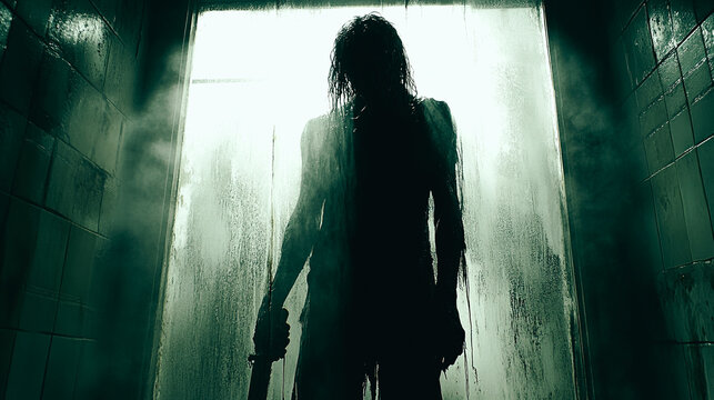 A silhouette of a killer with a knife standing behind a screen door. Horror crime. generative AI, generative, ai