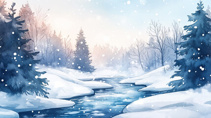 Fototapeta premium Winter landscape with a river among snowdrifts, trees in the forest, watercolor illustration