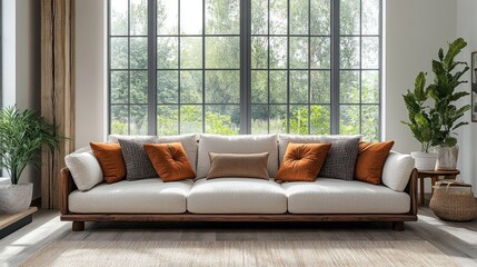 Fototapeta premium Modern living room interior with beige sofa and brown cushions, wooden floor, and large window.