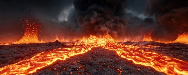 Fiery volcanic landscape with flowing lava and smoke against a dramatic sky.