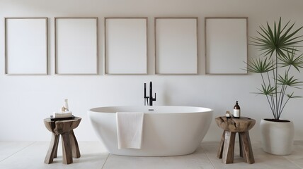  Above the tub, vertical frames are mounted on the wall, all of which are blank and seem to be placeholders for artwork or photographs.