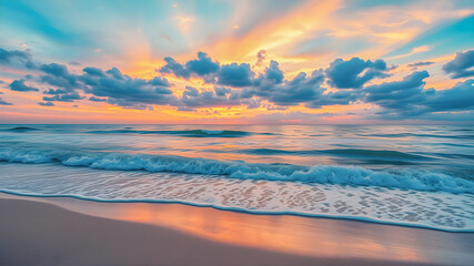 Fototapeta premium Best vertical beach coast panorama. Sunset landscape, calm sea waves relaxing sky clouds. Inspire meditation wallpaper. Majestic nature captivating serene gold sands tranquil. Picturesque paradise. Ai