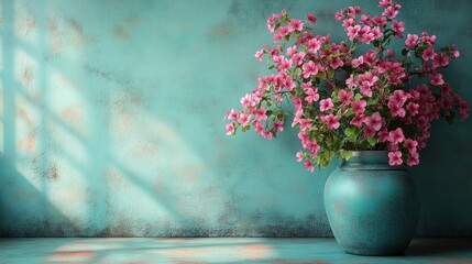 A vibrant vase of pink flowers against a textured turquoise wall.
