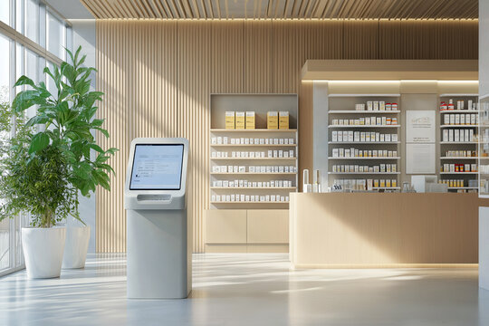 Modern pharmacy with a self-checkout kiosk, minimalistic design with clean lines and organized products in the background.