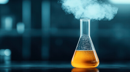 Laboratory flask with orange liquid emitting vapor on dark background, symbolizing a chemical reaction or experiment in a scientific environment.