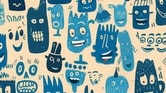 Bright and playful characters fill the canvas, each showcasing unique shapes and smiles. Vibrant blues and creative designs invite viewers to explore this imaginative world of fun.
