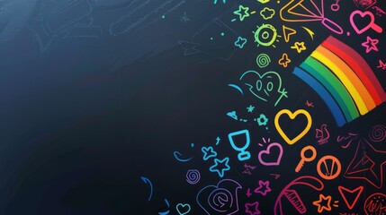 Vibrant pride-themed background featuring a rainbow and various symbols representing love, unity, and diversity. Ideal for LGBTQ events and promotions.