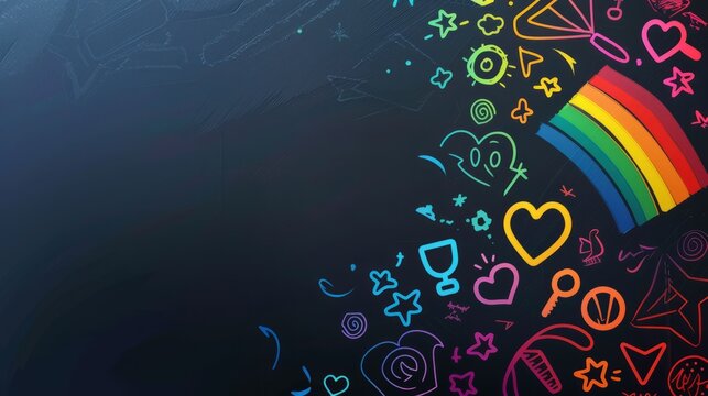 Vibrant pride-themed background featuring a rainbow and various symbols representing love, unity, and diversity. Ideal for LGBTQ events and promotions.