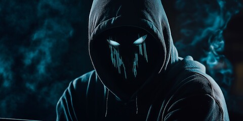 Hacker, scam concept, man with blue eyes and a hoodie in a dark room, cypto, finance scaming group