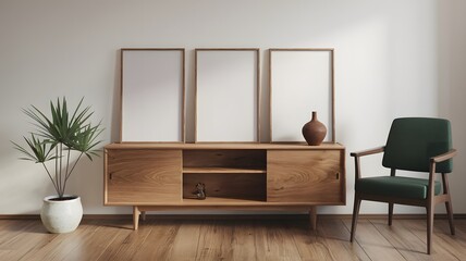 A modern living room setting. There are three vertical blank frames on a white wall, positioned side by side.