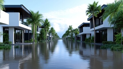 Modern houses flanking a flooded canal with palm trees.