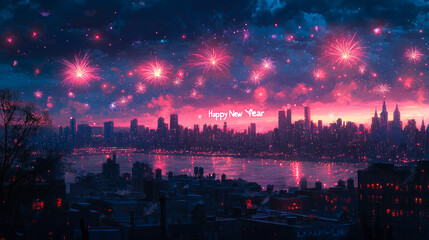 Obraz premium A beautiful New Year postcard featuring soft watercolor splashes in pastel shades of blush pink, Happy New Year 2025 illustrations of fireworks. generative AI, generative, ai.
