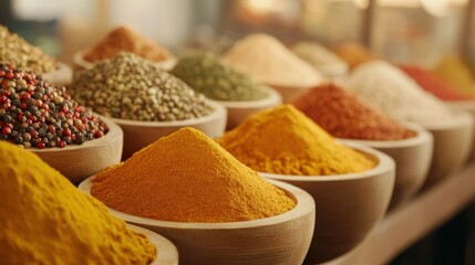 Fototapeta premium A vibrant display of colorful spices in bowls, showcasing a variety of textures and hues typically found in markets or kitchens.