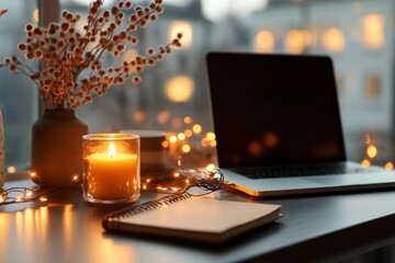 A cozy workspace with a candle and fairy lights illuminating a laptop amid a serene evening atmosphere