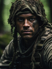 Fototapeta premium Intense close-up of a soldier with camouflage face paint, wearing tactical gear, blending into a dense forest environment, showcasing focus and readiness. Generative AI