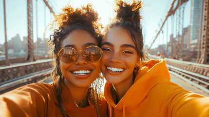 Two incredibly beautiful girls are taking a selfie on a bridge in a big city, students. Teenage girlfriends with beautiful teeth and a smile. generative AI, generative, ai.