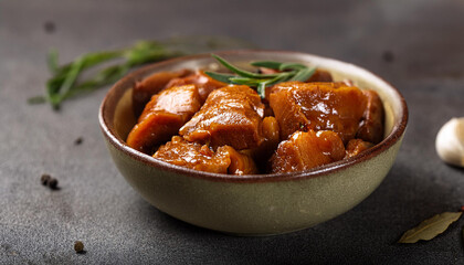 Raw marinated pork. Spicy marinade. Fresh meat pieces for BBQ. Culinary concept.