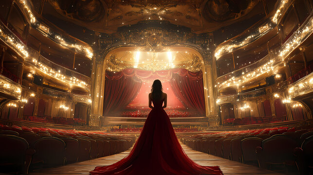 An opera diva performing in an opulent theater, her powerful voice resonating through the hall, with the rich decor and elegant lighting adding to the drama of the performance. Opulent. Illustration