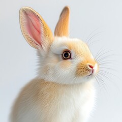 Obraz premium A close up image of a fluffy white rabbit with pink ears and bright eyes, isolated on a pure white background, showcasing intricate details of its whiskers, fur, and adorable expression