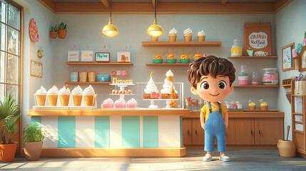 Boy smiling at the ice cream shop, ready to enjoy a sweet treat.