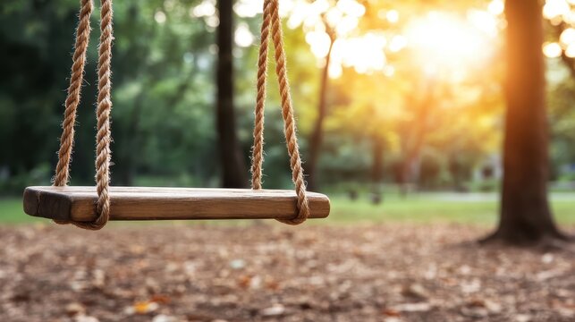 Wooden swing suspended by sturdy ropes in a sunlit forest setting, creating a nostalgic and peaceful scene perfect for relaxation in natural surroundings.