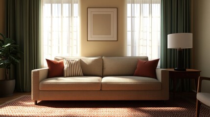 Fototapeta premium A cozy living room featuring a neutral sofa, decorative pillows, large windows, and soft lighting that creates a warm ambiance.