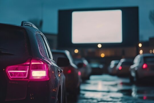 American Drive-In Cinema with Cars Parked for Movie Night - Powered by Adobe