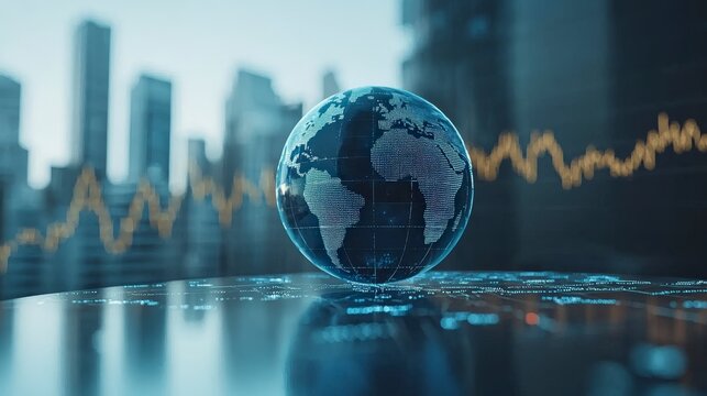 A digital image of the globe is set in front of a bustling cityscape background, conveying themes of global reach and technological advancements in a modern world. - Powered by Adobe