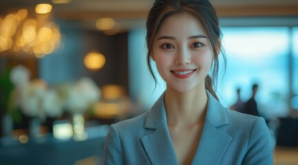 Obraz premium A young woman in a blue blazer smiles confidently at the camera.
