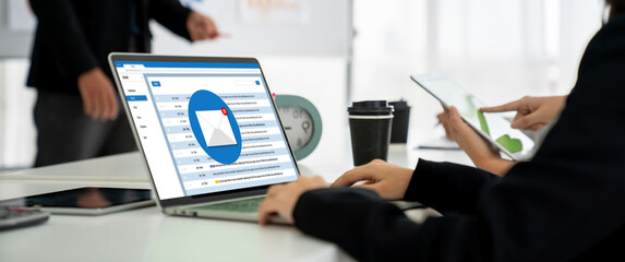 Email notification message showing on computer screen snugly. Digital marketing message information text from business to customer client