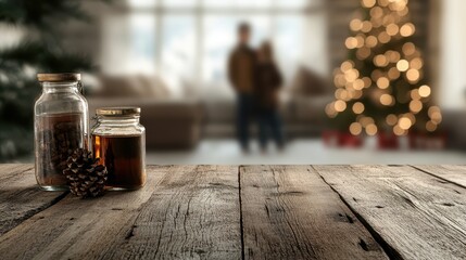 Two rustic jars sit on a wooden table, with a blurred background featuring a Christmas tree and a cozy lit room, evoking warmth and holiday cheer.