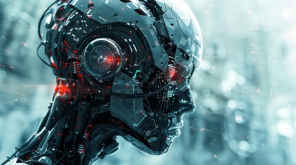 Fototapeta premium Close-up of a cybernetic robot showcasing advanced technology and glowing red lights in a futuristic setting.