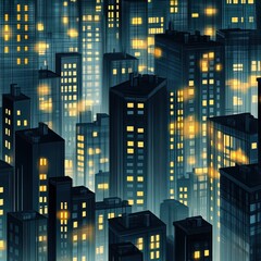 A vibrant city skyline at night, with illuminated windows creating a stunning glow.