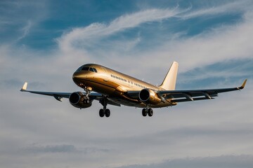 Obraz premium Stunning Golden Airplane Descending Against a Clear Sky Background