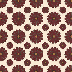 Seamless floral pattern with dark brown flowers on pink background.