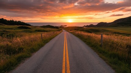 Naklejka premium A solitary path bathed in golden light, leading towards the ocean at sunset, surrounded by lush fields and the tranquil beauty of nature embracing the horizon.