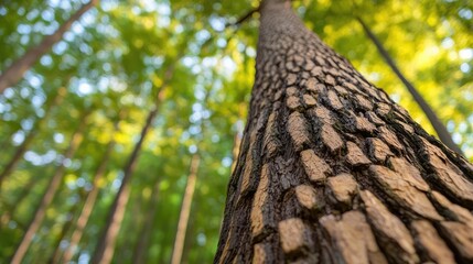Fototapeta premium Close-up view of a tall tree trunk against a lush green forest background.