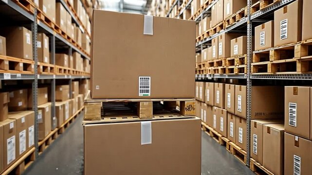 Warehouse filled with large boxes organized on pallets in orderly rows. concept of logistics and efficient supply chain management.
