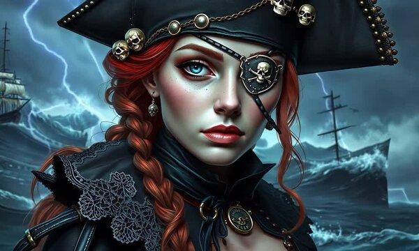 A fierce pirate captain navigating stormy seas with determination and a striking gaze during a thrilling adventure at twilight