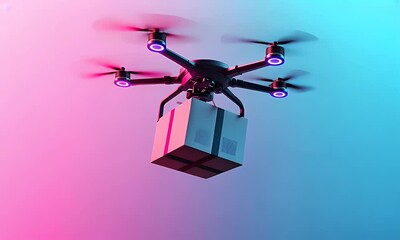 A drone flying in the sky with a package in the basket. - Powered by Adobe