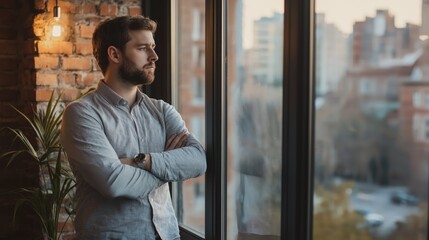 Fototapeta premium A man stands thoughtfully, arms crossed, by large windows contemplating the urban view beyond while basking in the soft evening light.