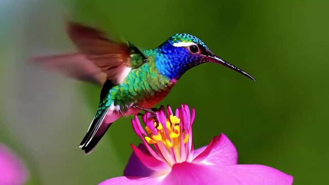 Violet-crowned hummingbird hovering over pink flower in tropical garden