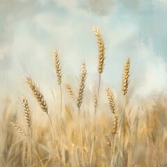 Fototapeta premium Close-up of golden wheat stalks swaying gently under a soft blue sky, embodying the peaceful essence of rural agriculture and natural beauty.