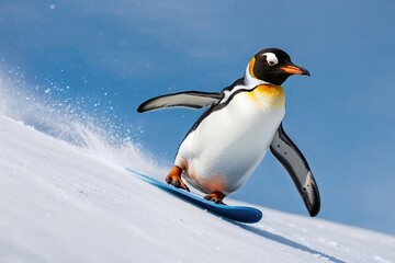 Obraz premium Joyful Penguin Sliding Down Snowy Hill in a Winter Wonderland