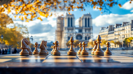 A chess board with chess pieces on the background of a cityscape, featuring a large building and a blurred blue sky.
