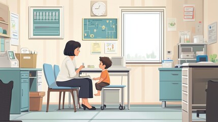 A little patient in the hospital at a doctor's appointment,  illustration