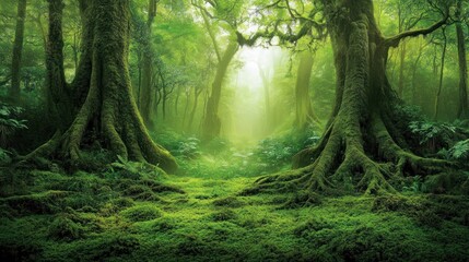 Obraz premium Lush green rainforest with sunlight filtering through the canopy.