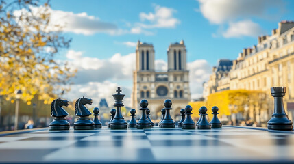 A chess board with chess pieces on the background of a cityscape, featuring a large building and a blurred blue sky.