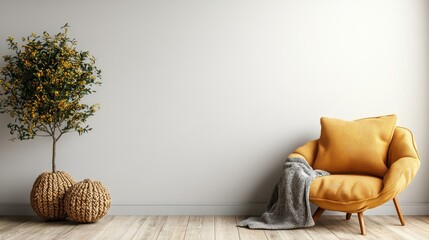 A cozy corner featuring a plush yellow armchair paired with a grey blanket, accompanied by a decorative leafy plant, creating an inviting personal space for relaxation.